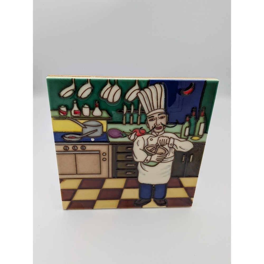 Vintage Italian Tile Chef 8 x 8 Ceramic Wall Tiles / Trivets w/Stand Set of 4 - Picture 5 of 12